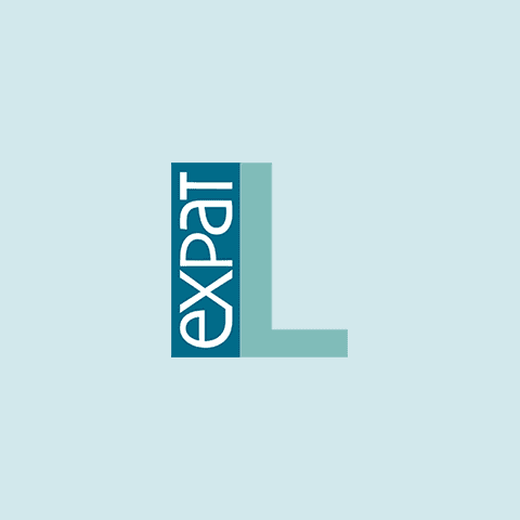 Logo with text 'Expat L' in blue on aqua background