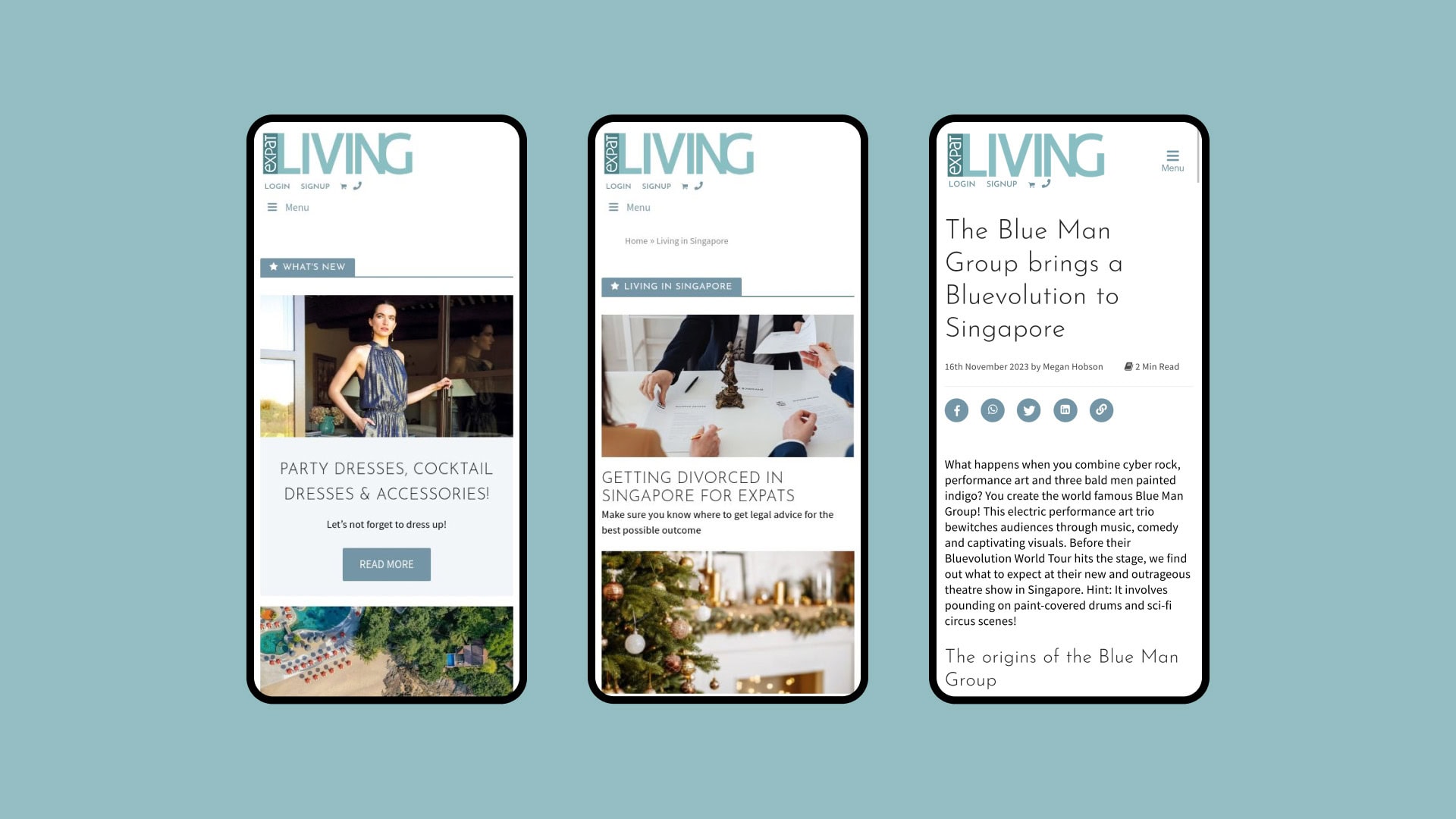 Three mobile screens showing different Living magazine articles