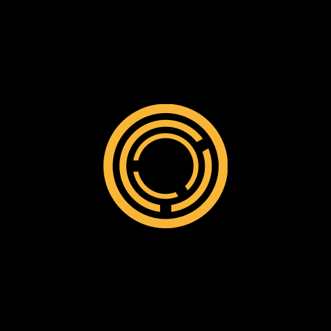 Stylised yellow circular logo on black background