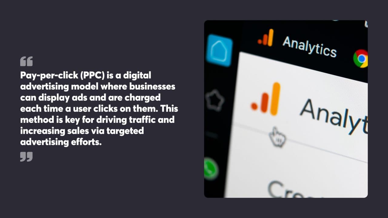 Pay-per-click (PPC) is a digital advertising model where businesses can display ads and are charged each time a user clicks on them. This method is key for driving traffic and increasing sales via targeted advertising efforts.