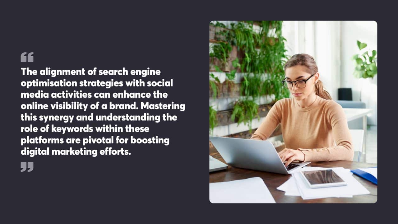 The alignment of search engine optimisation strategies with social media activities can enhance the online visibility of a brand. Mastering this synergy and understanding the role of keywords within these platforms are pivotal for boosting digital marketing efforts.