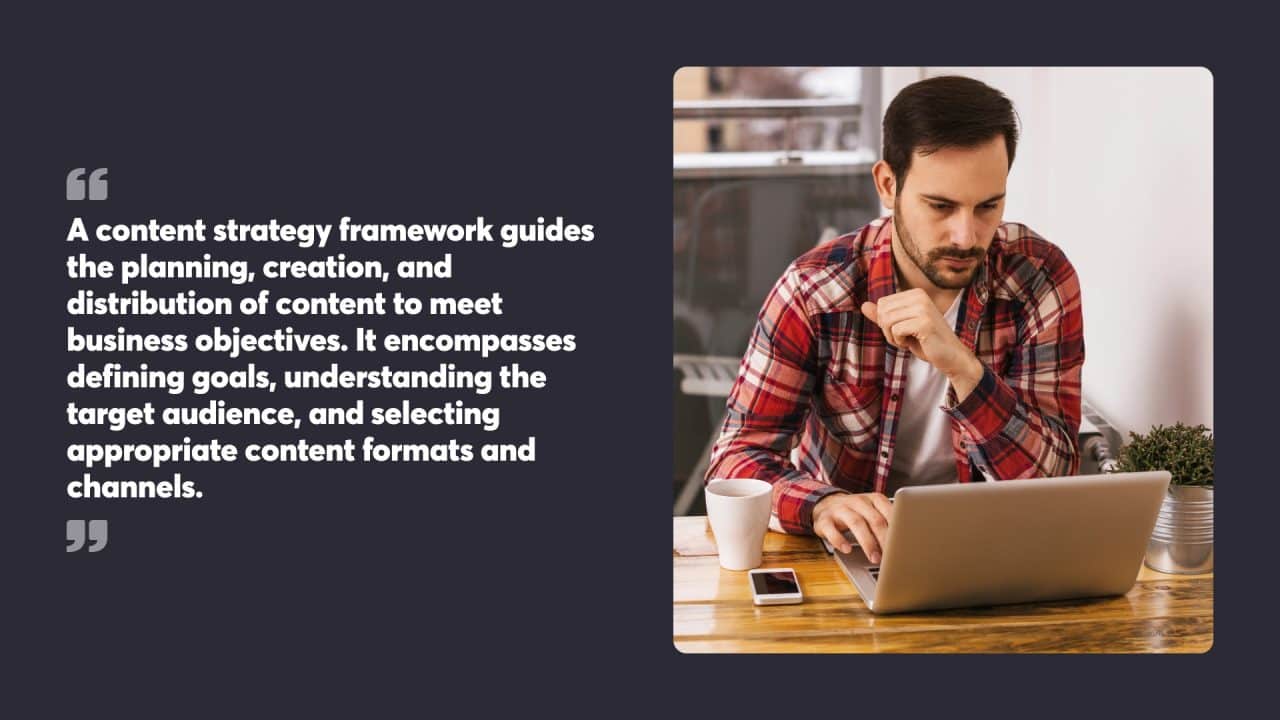 A content strategy framework guides the planning, creation, and distribution of content to meet business objectives. It encompasses defining goals, understanding the target audience, and selecting appropriate content formats and channels.