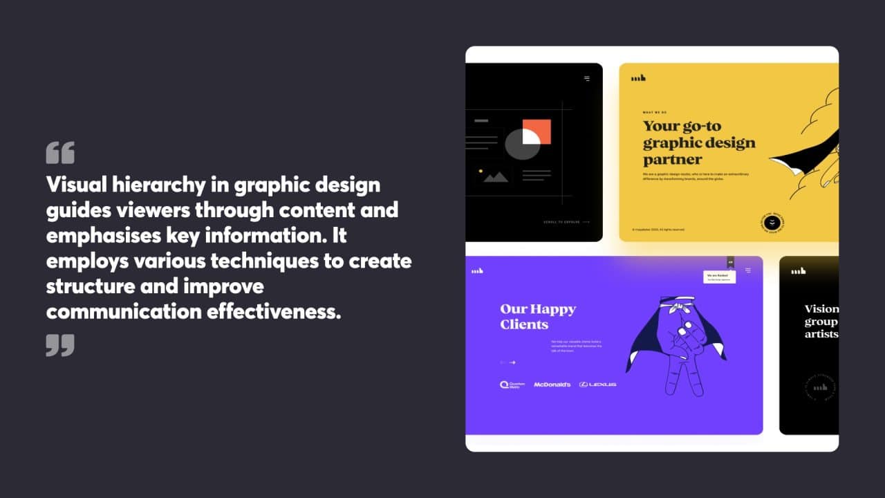 Visual hierarchy in graphic design
guides viewers through content and
emphasises key information. It
employs various techniques to create
structure and improve
communication effectiveness.