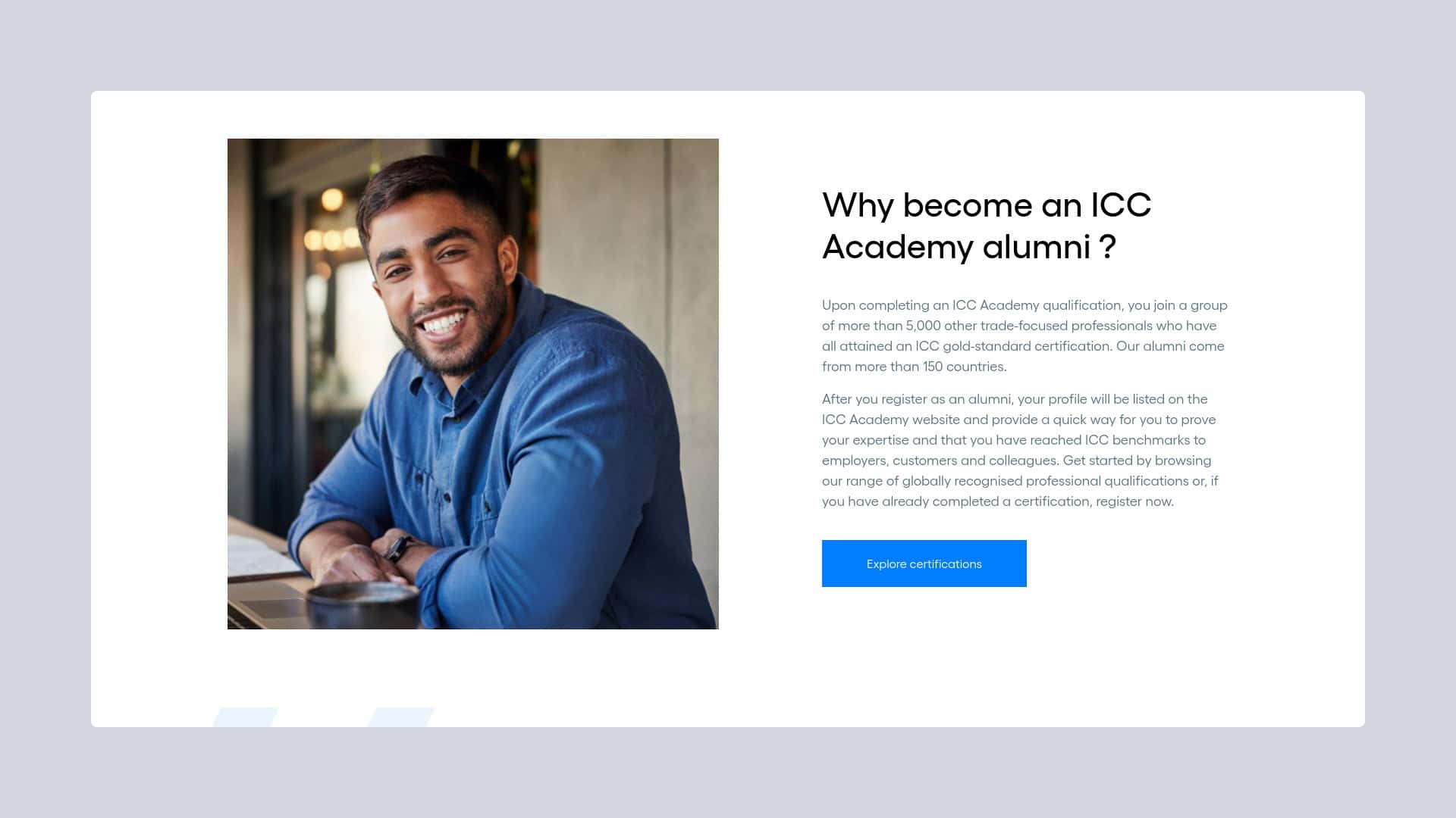 Smiling man promoting ICC Academy alumni benefits