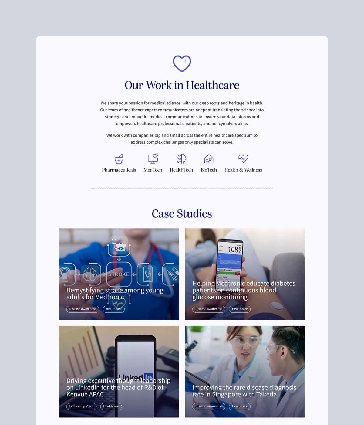 Healthcare communications website with case studies section