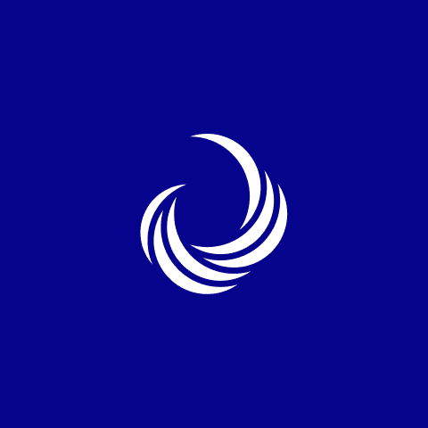 White swirl logo on blue background