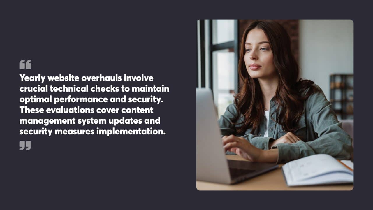 Yearly website overhauls involve crucial technical checks to maintain optimal performance and security. These evaluations cover content management system updates and security measures implementation.