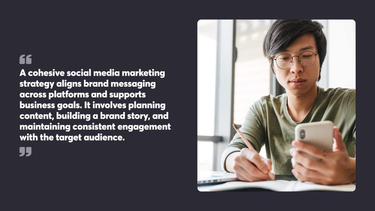 A cohesive social media marketing strategy aligns brand messaging across platforms and supports business goals. It involves planning content, building a brand story, and maintaining consistent engagement with the target audience.