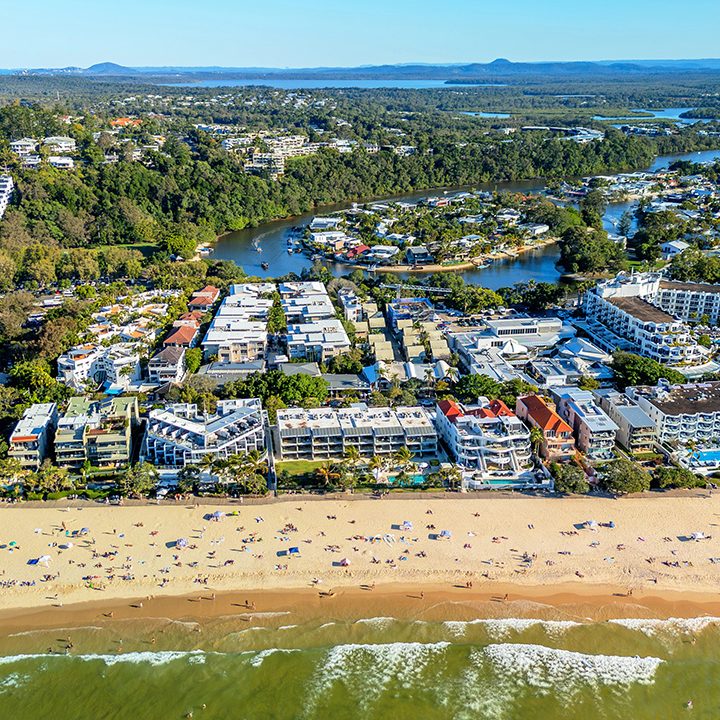 Aerial view of Noosa Heads, Queensland beachfront and river